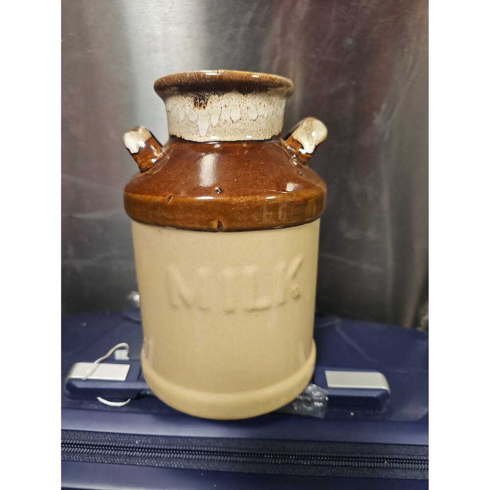 Vintage Ceramic Milk Jug Brown and White Drip Stoneware Utensil Holder Canister